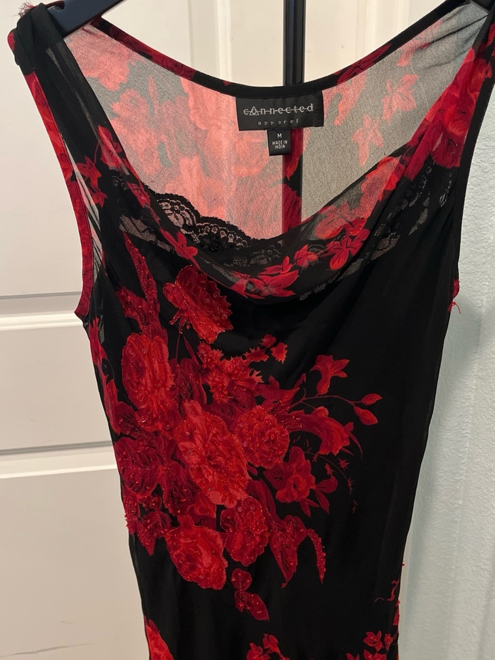 Vintage Y2Kconnected apparel Black Slip Dress with Red Floral Embroidery
